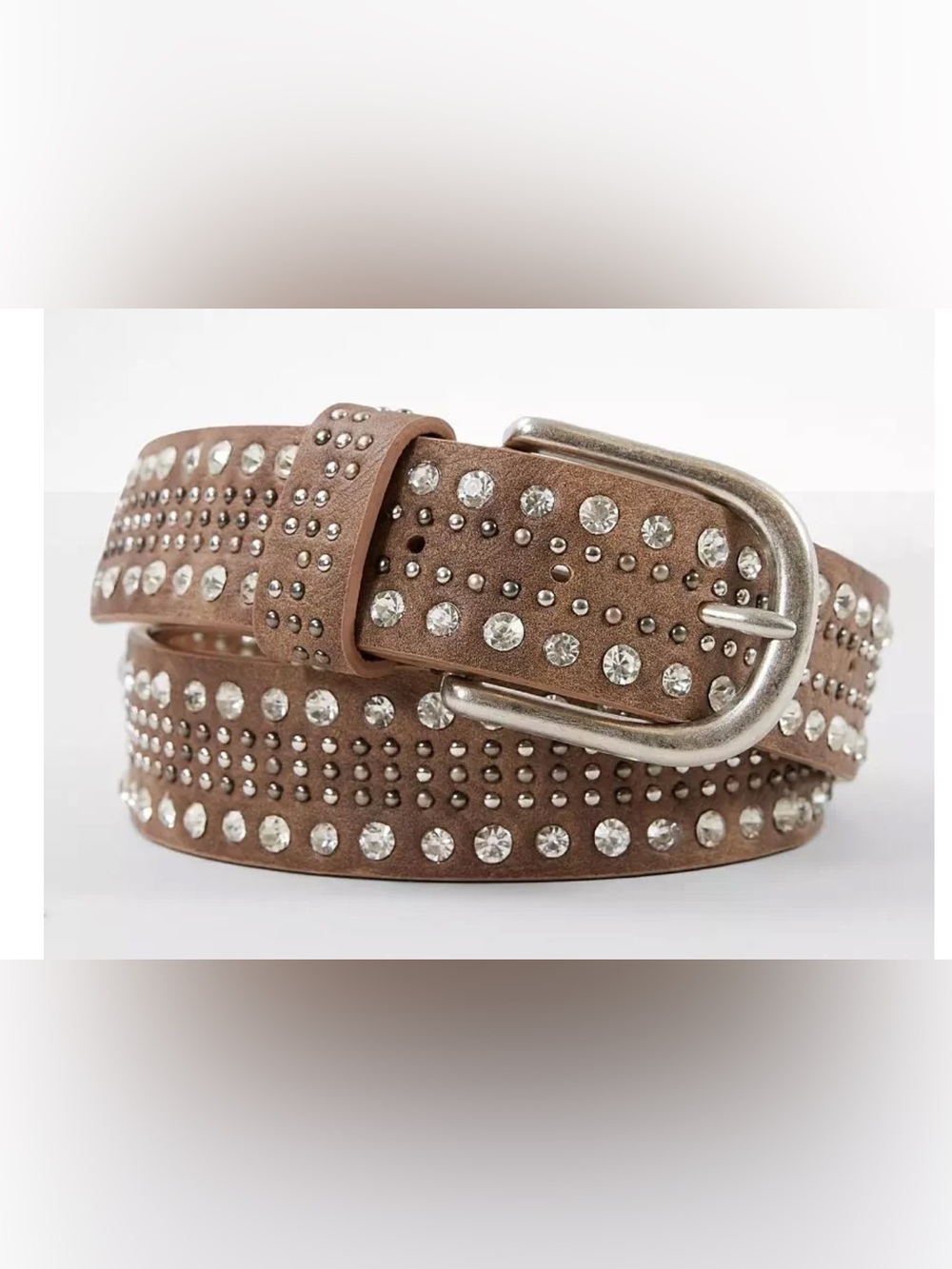BKE Studded Glitz Brown Distressed Faux Leather 1 1/2” Belt W/Silver Accents - L